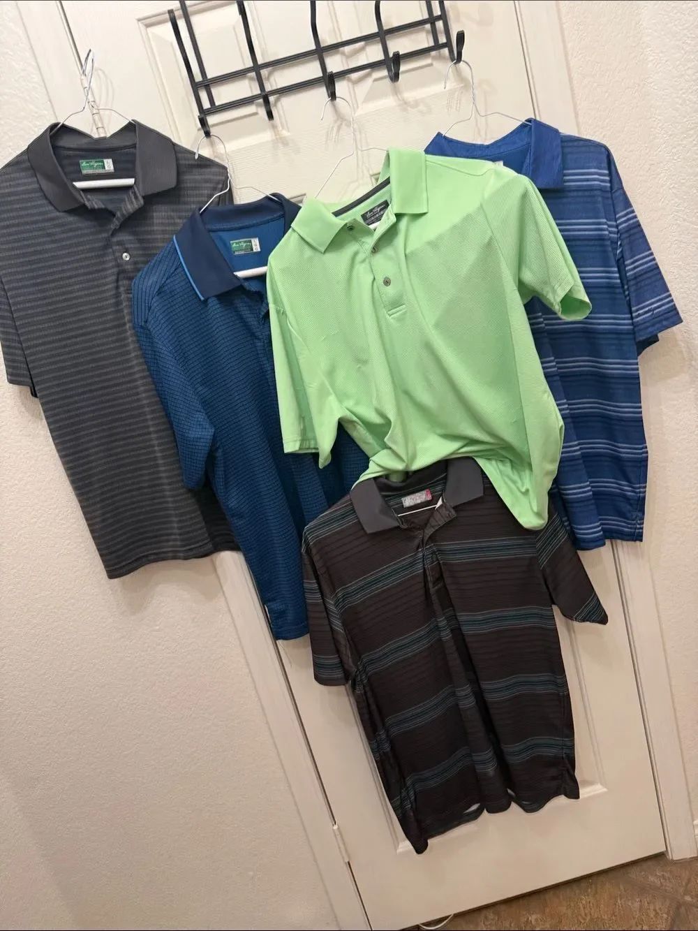 Ben Hogan 5 Men’s Polo Golf Shirts Black Light Green Navy Blue Striped Sz Large